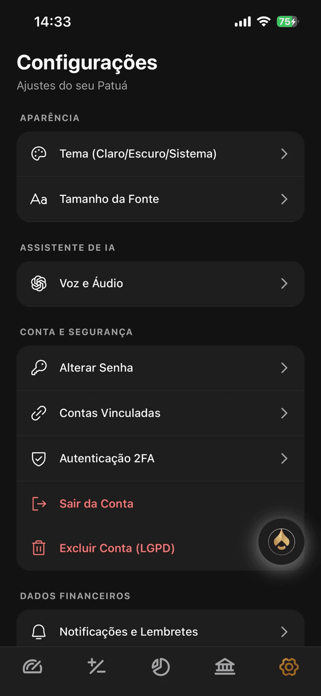 Configurações de segurança e privacidade do Patuá